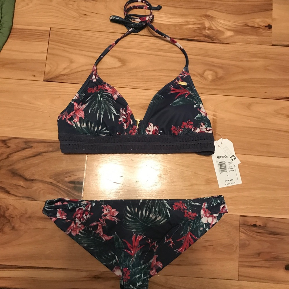 Roxy floral distressed blue bikini, M/L